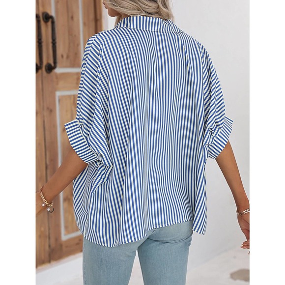 boho minimalist preppy Striped black white button up Batwing Sleeve Shirt - Picture 6 of 11